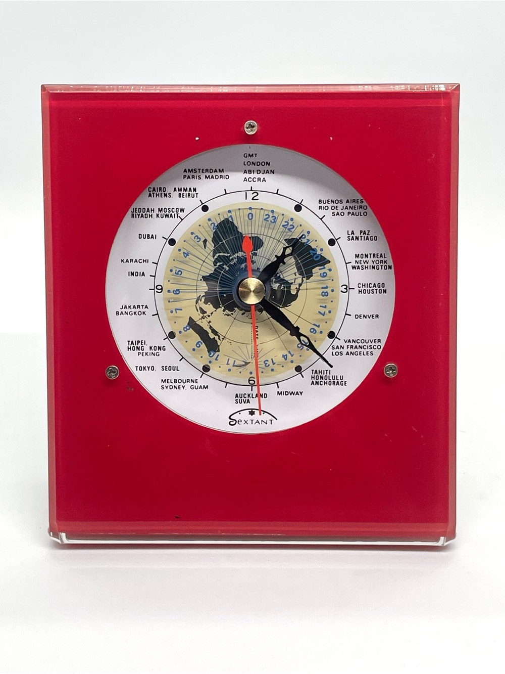 Vintage Sextant World Time Clock Red Acrylic Desk Clock - Mid Century Modern MCM